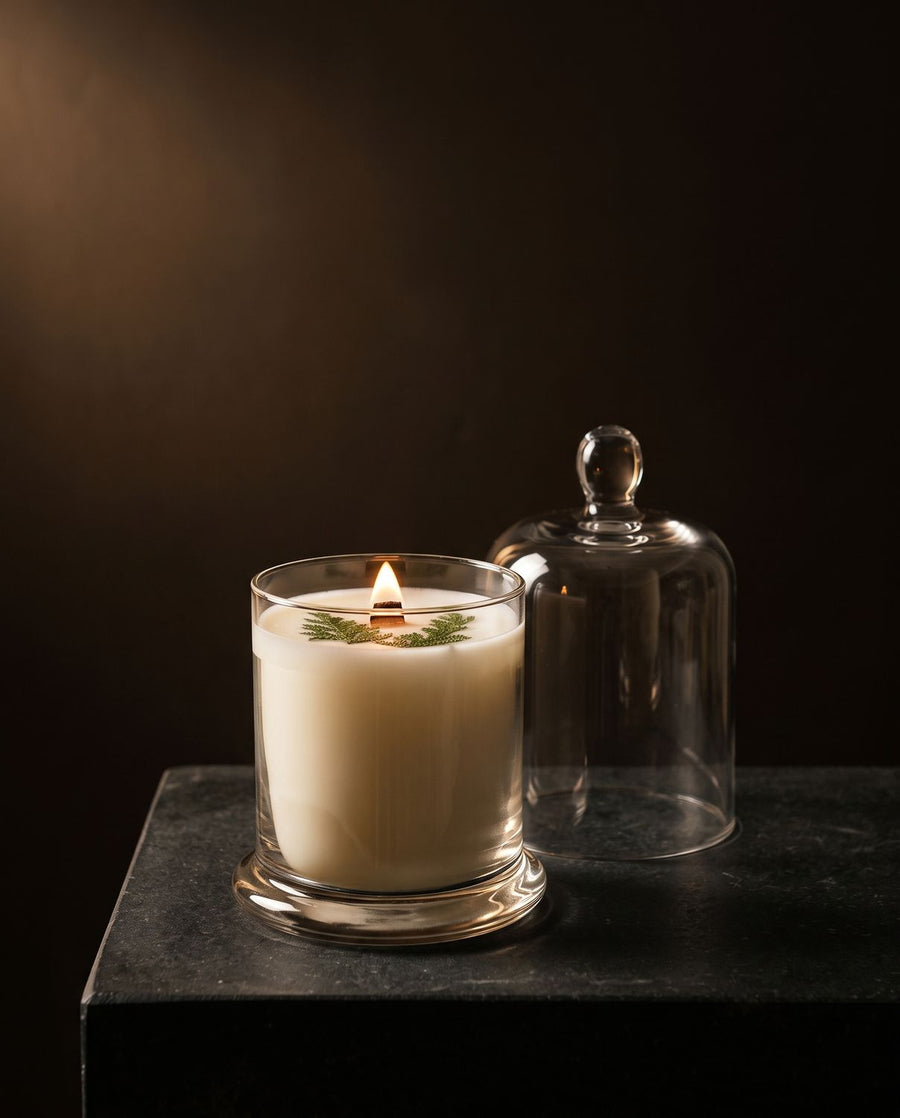 Parlor
candle by Lili & Koi, Sandalwood & Patchouli
, lit on dark stone