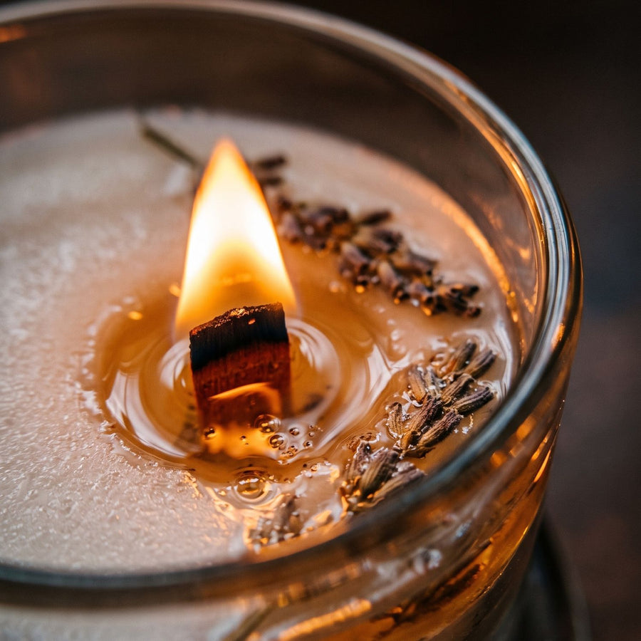 Close-up of the Powder Room
candle's flame and melting wax