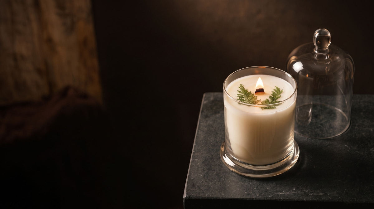 A lit Lili & Koi candle with pressed fern on the wax, glowing in a dark room — Lili & Koi gift card