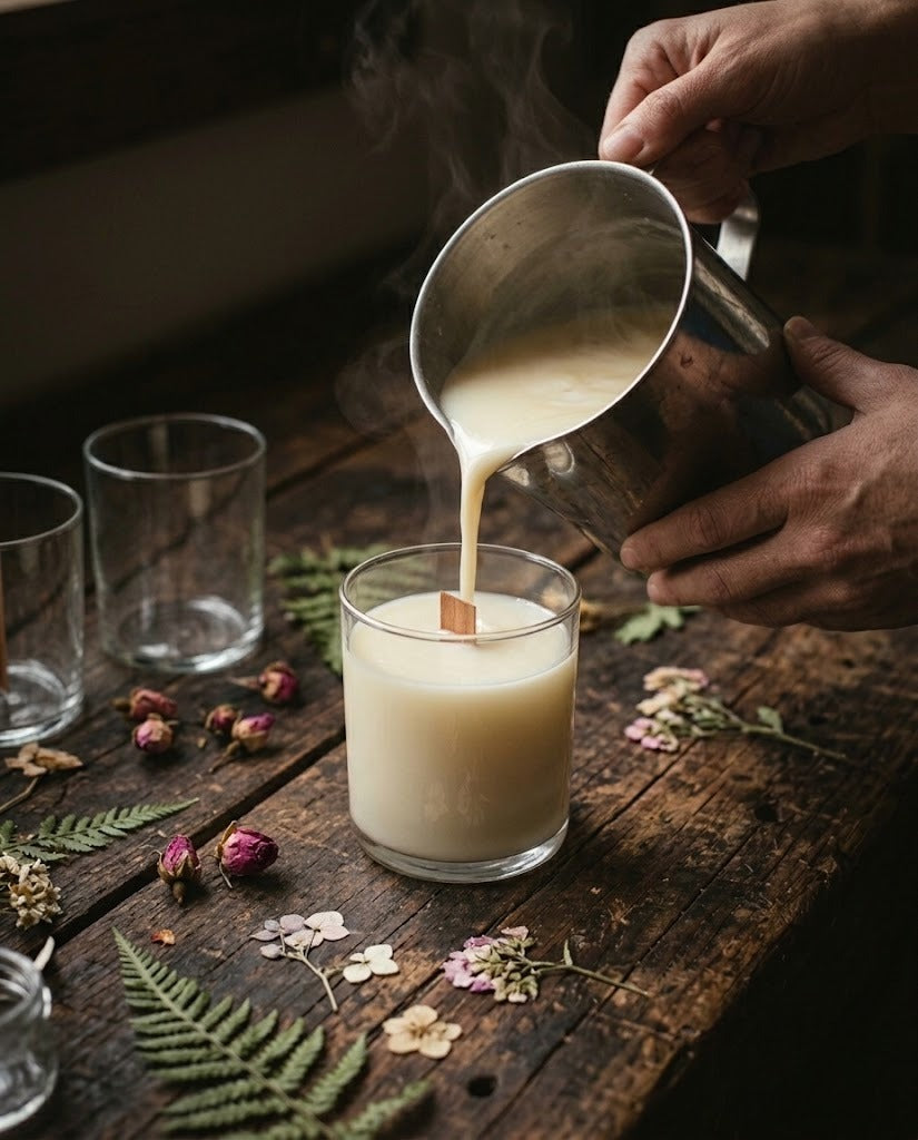 Hands pouring coconut wax into a glass candle jar around a wooden wick — Lili & Koi gift card