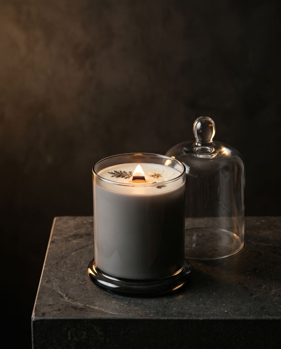 Boudoir
 candle by Lili & Koi, Jasmine & Honeysuckle
, lit on dark stone