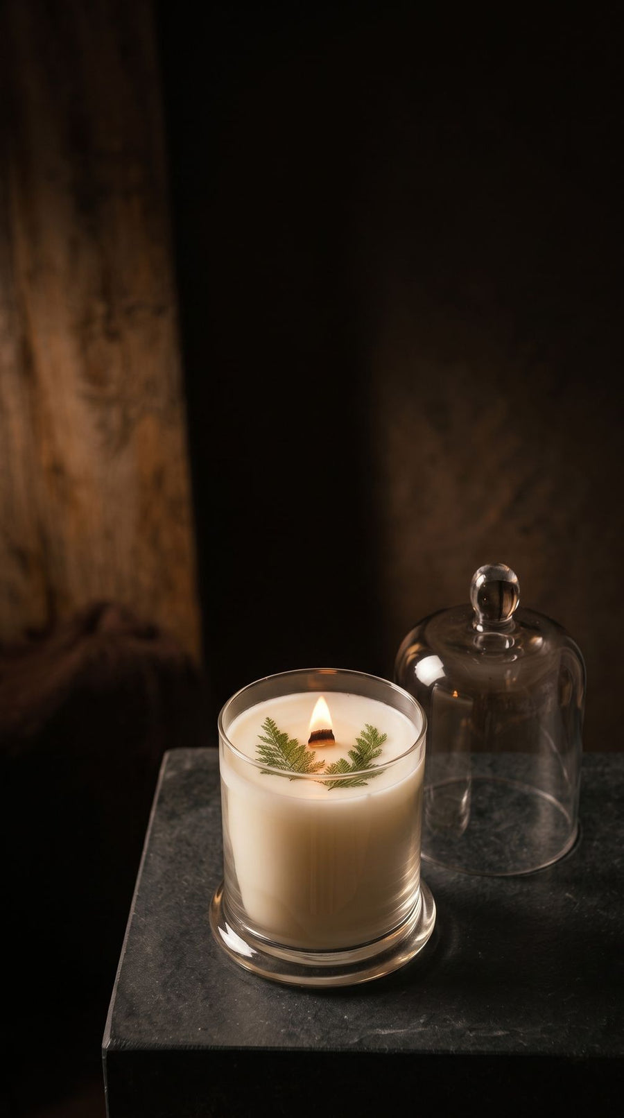 A Lili & Koi candle burning in a dark room
