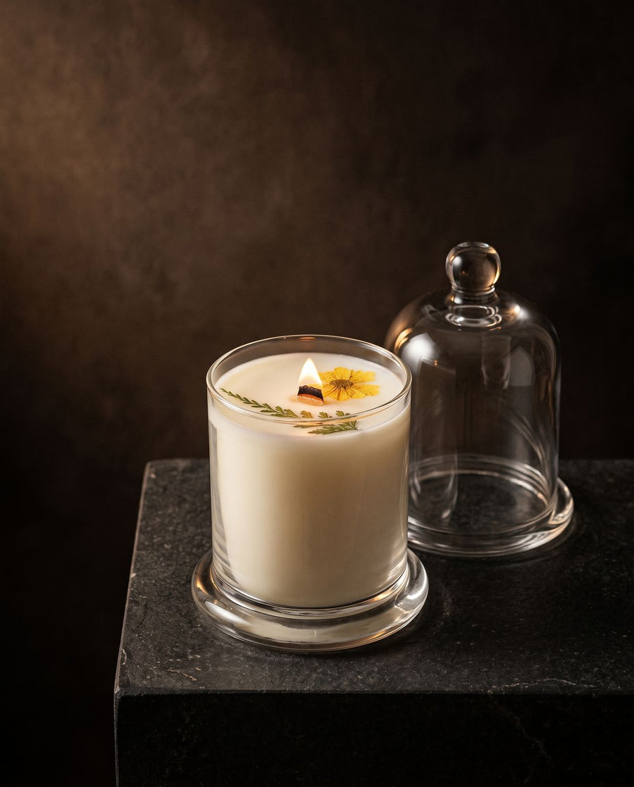 Kitchen
 candle by Lili & Koi, Lemon & Vanilla
, lit on dark stone
