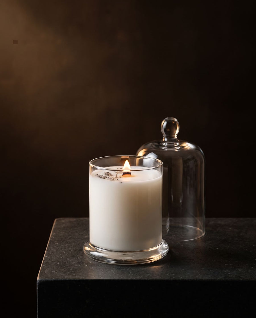 Powder Room
 candle by Lili & Koi, Cotton & White Musk
, lit on dark stone