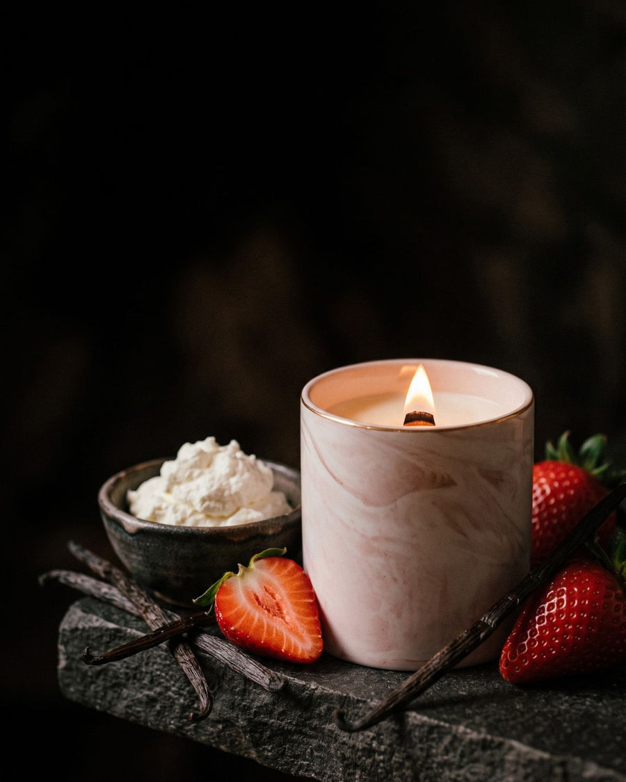 Strawberries & Cream
 candle by Lili & Koi, styled with its scent notes