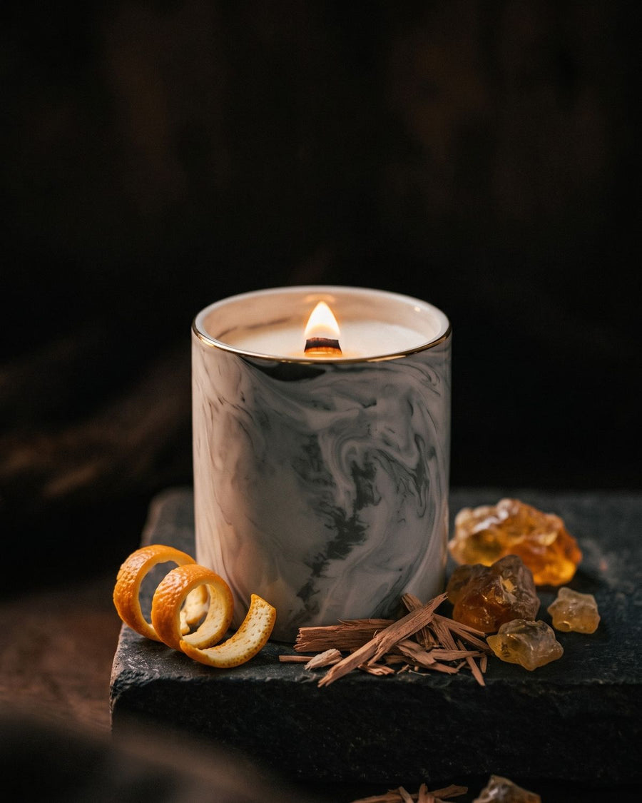 Sweet Sandalwood
 candle by Lili & Koi, styled with its scent notes